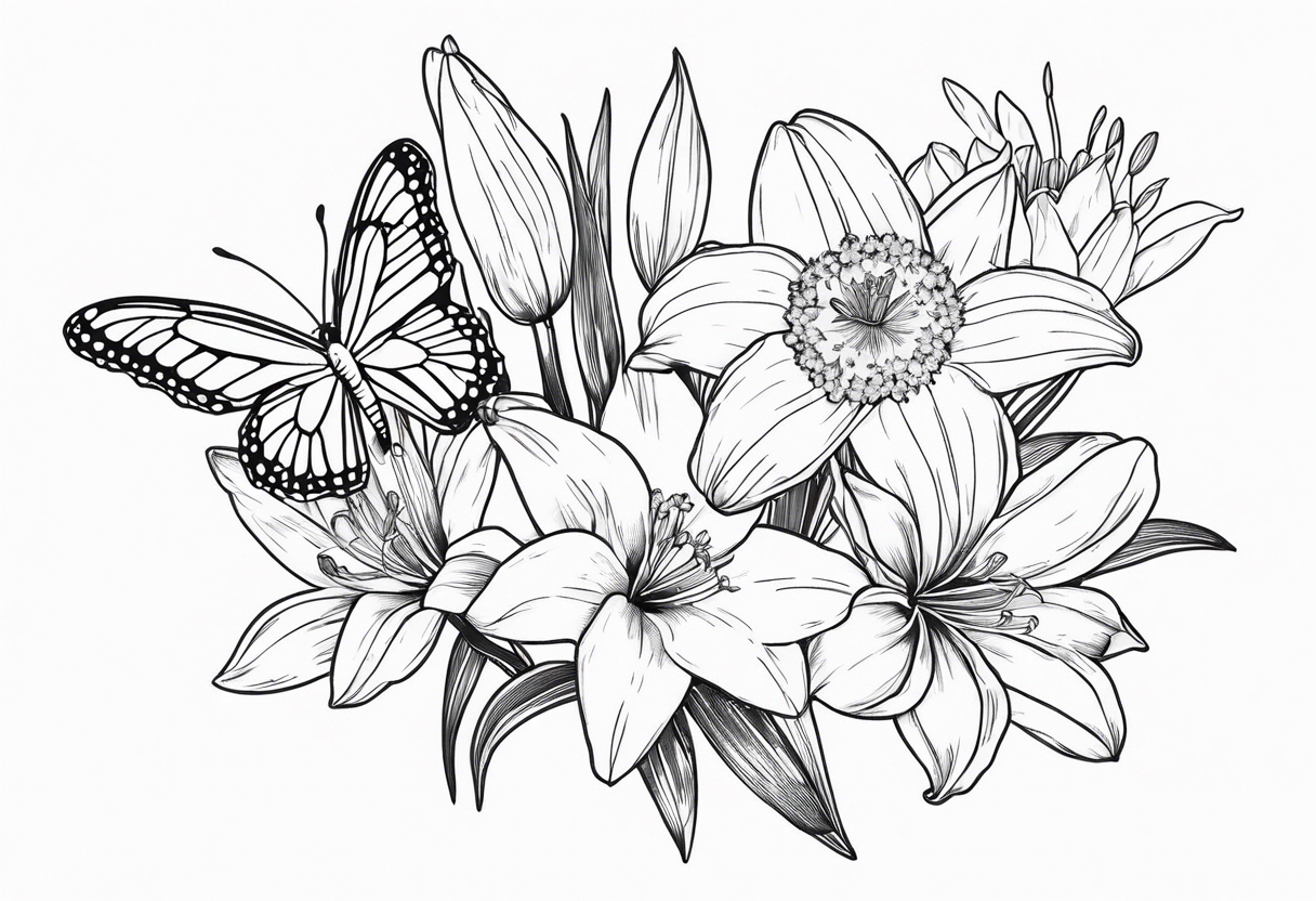 Fine line 
lily daisy and daffodil bouquet with butterfly 6-8 inches bi tattoo idea