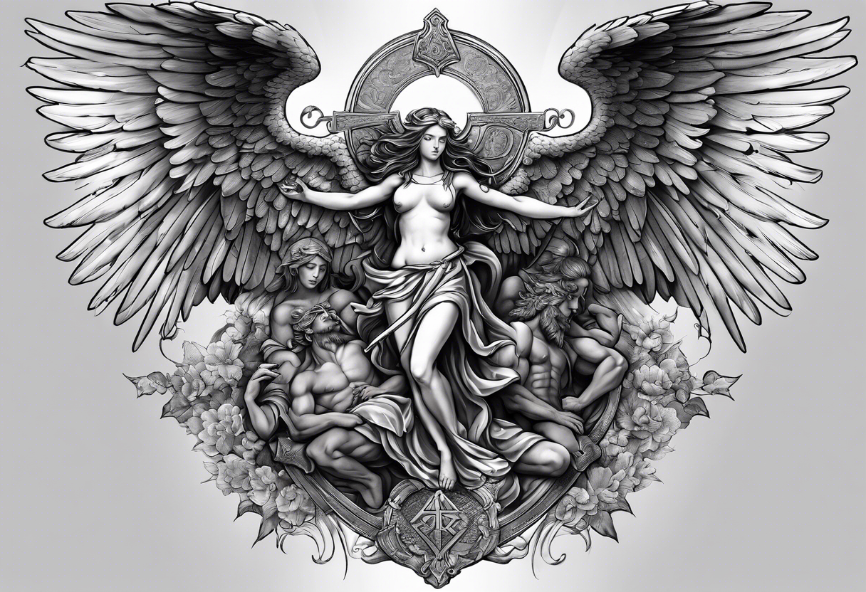 Full back piece depicting the war between angels above and demons below. Make the angels biblically accurate such as seraphim, ophanim, virtues, etc tattoo idea