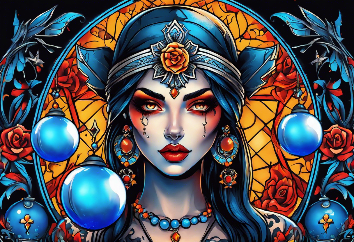 Bright bold Neo traditional tattoo woman with skulls and blood Holding a blue glowing sphere. Crosses for eyes. Orange, yellow, red, blue colors tattoo idea