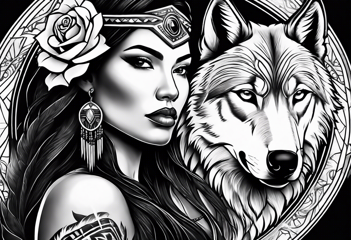 Armored native American woman with a wolf and a cored rose tattoo idea