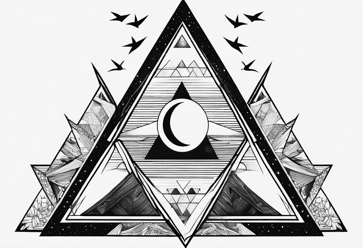 Double triangle with one unclosed delta, crescent moon, swallows tattoo idea