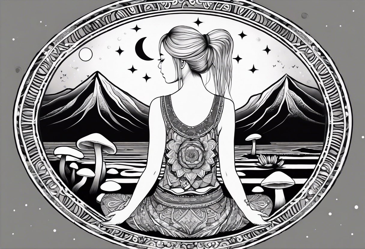 Straight blonde hair girl meditating facing away toward mountains surrounded by mushrooms crescent moon mandala circular design black and white striped dress tattoo idea