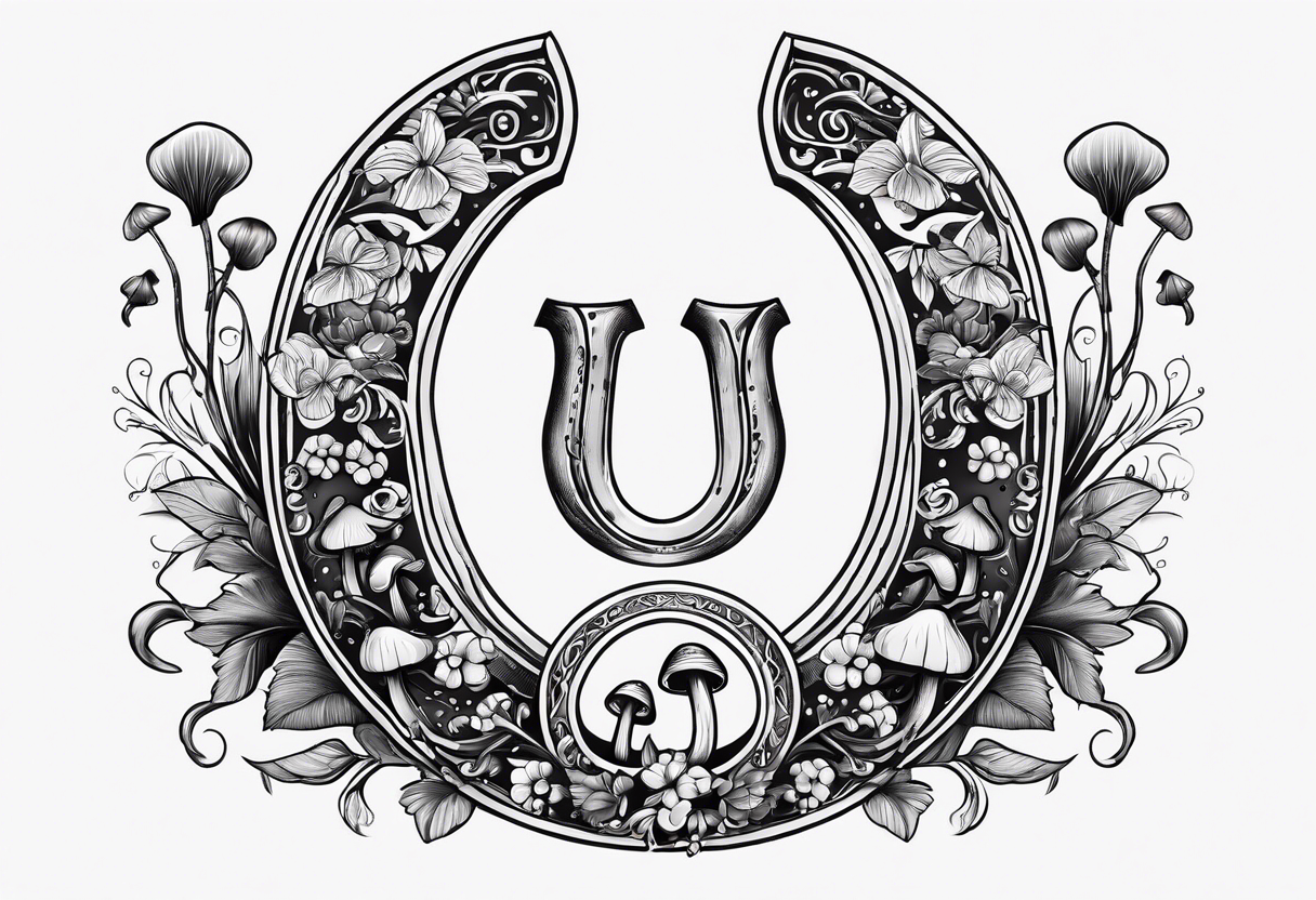 horseshoe, with mushrooms and magic vibes, with "lucky" written on the horseshoe tattoo idea