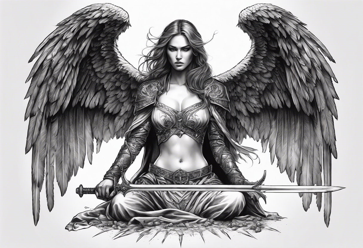 realistic angel of death, full body, without face, holding one sword in both hands, sword pointing downwards, skulls lying on the ground tattoo idea