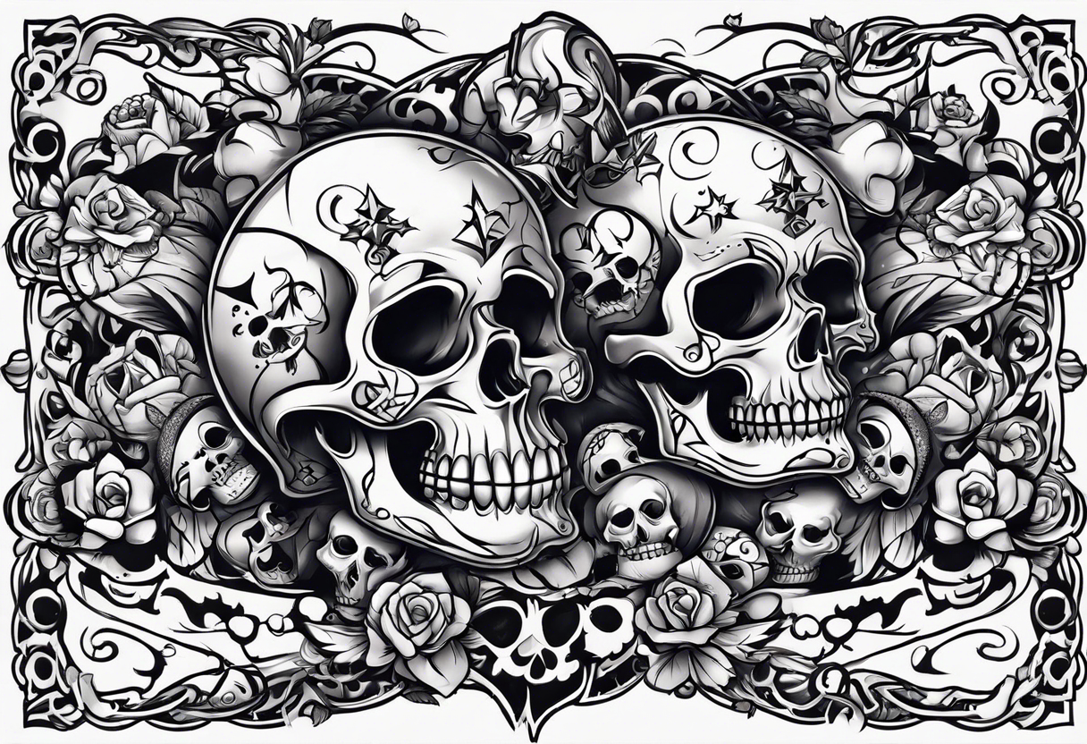 neck tattoo stencil about pain and struggle in new school or polka trash style with funny happy skulls tattoo idea
