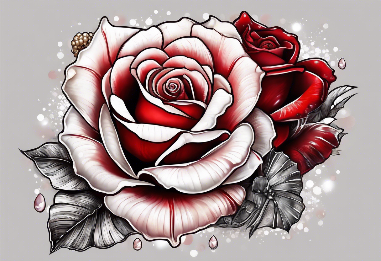 Red rose with a pearls and seashell dangling tattoo idea