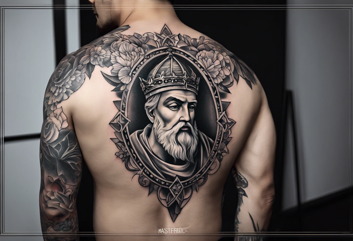 An aesthetic tattoo that is placed on the upper back of a male. It should represent catholic religion, discipline, pain tattoo idea