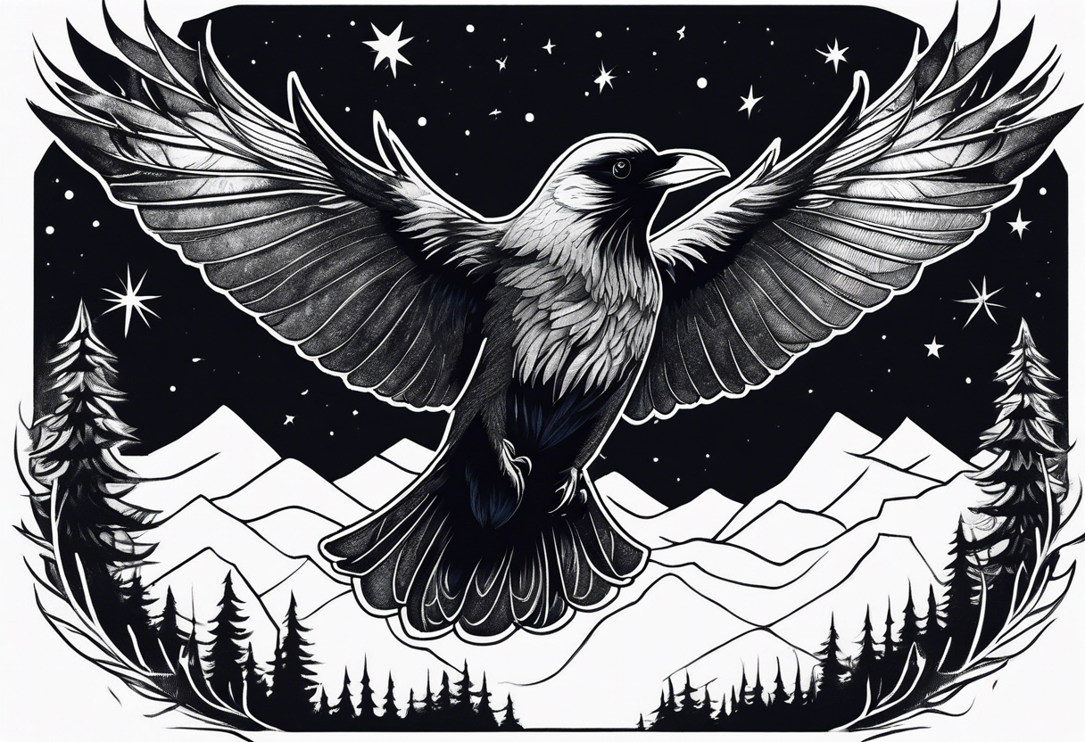 Raven swooping, occult, mystical, knowing, light behind its eyes, ethereal, night sky and trees in the background tattoo idea