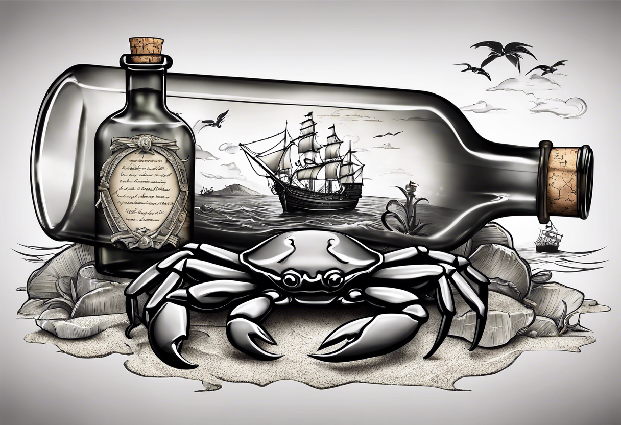 A message in a bottle with pirate map inside and a crab protecting the bottle. The bottle is old and has a cork. perhaps cracked a little. String tied around the top. 3D with background shading. tattoo idea