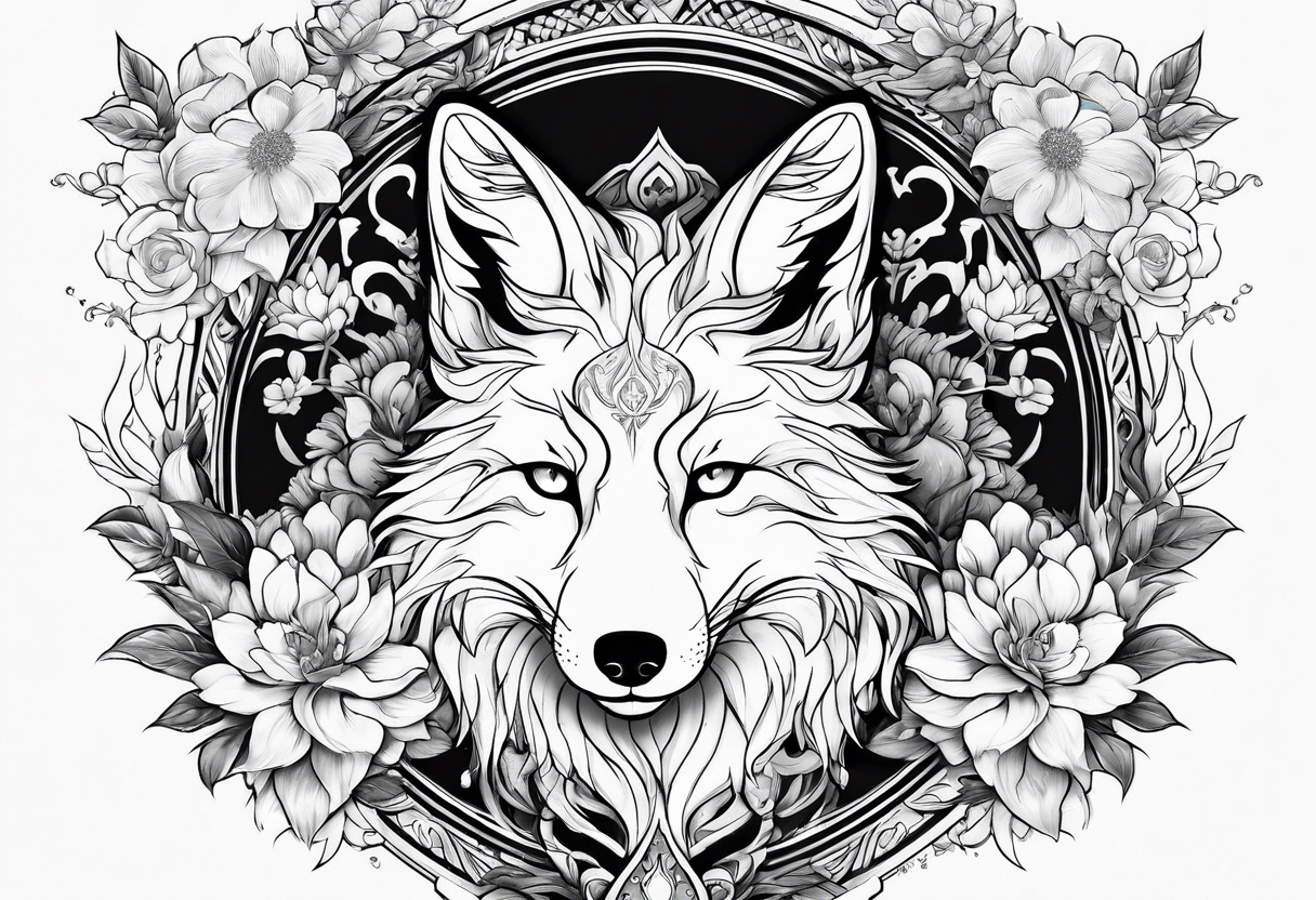 kitsune anime stiyle whit flowers tattoo idea