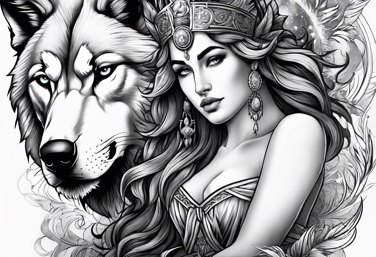 greek god zeus, full sleeve, attractive female face with wolf headress, chemical formula for protein, wolf, full body zeus tattoo idea