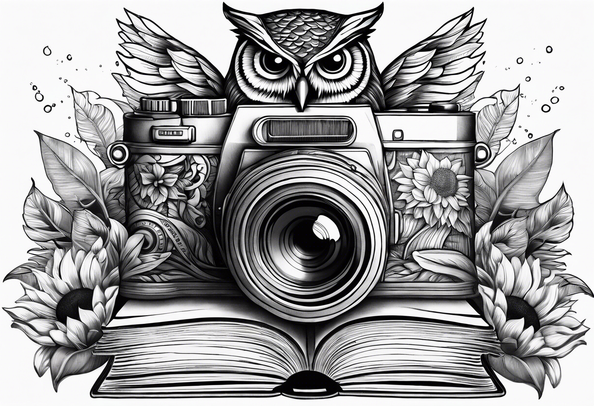 sunflower, camera, water wave, owl, book tattoo idea