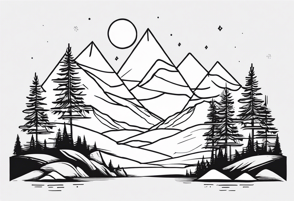 Black line tattoo with three different sizes triangles forming a mountain range with three trees tattoo idea