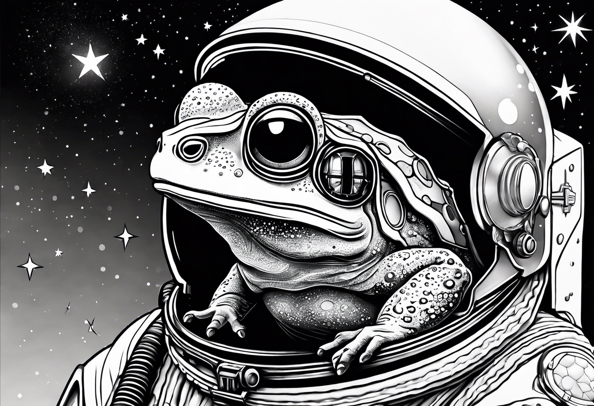 Toad with astronaut helmet looking at galaxy tattoo idea