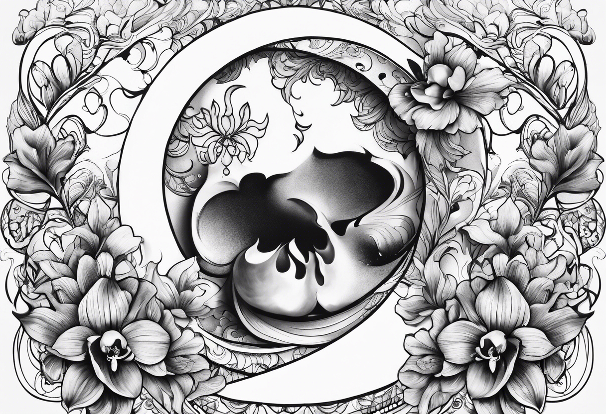 Orchid and crescent moon with Bohemian design tattoo idea