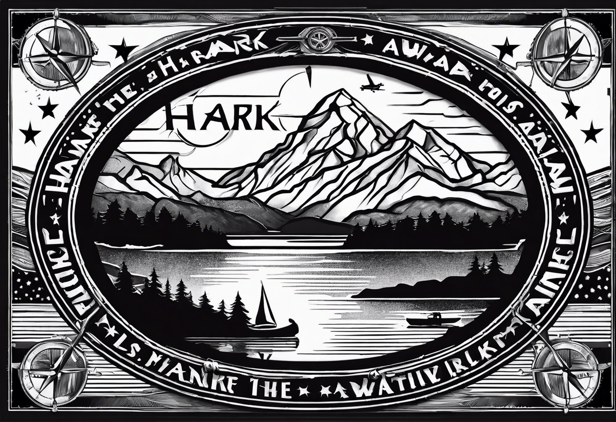 The word "HARK" as a banner with a mountain, a carabiner, compass, lake and an airplane in a circular design tattoo idea