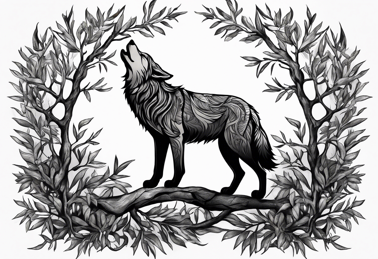 realistic howling wolf drawn with olive tree branches and leaves tattoo idea