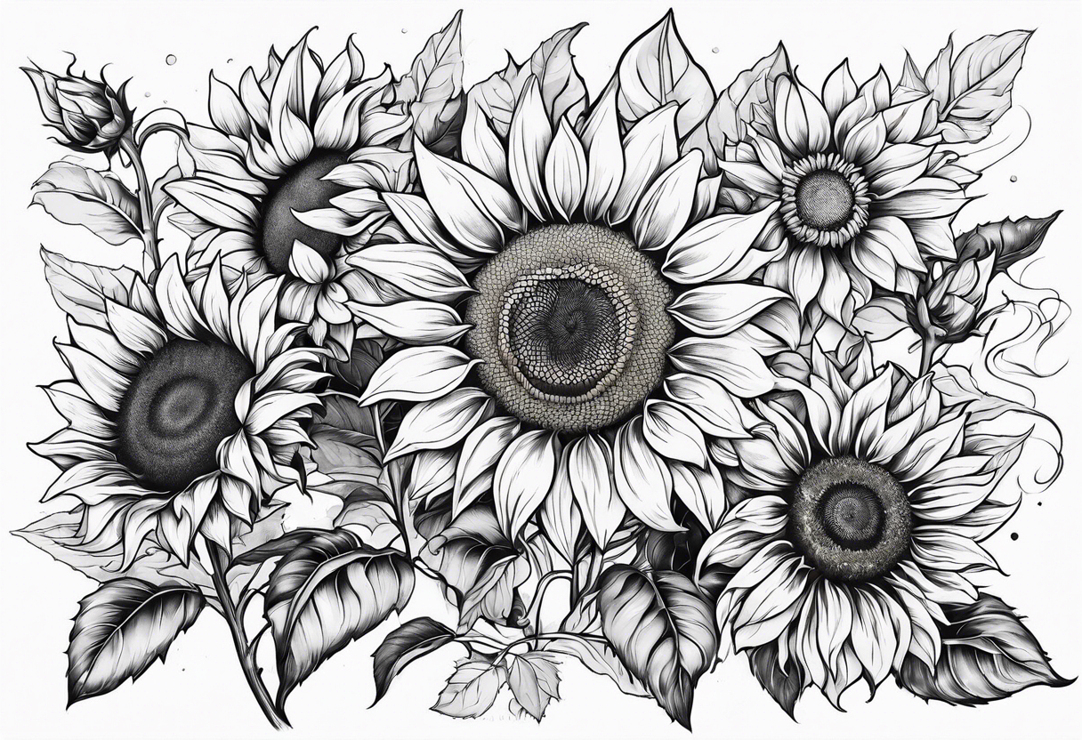 Multiple species of sunflower outline tattoo idea