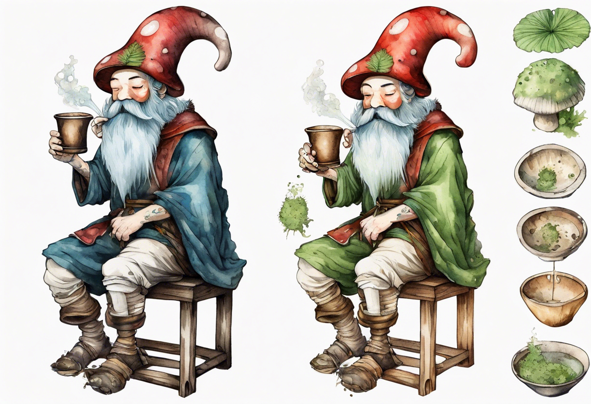 a mushroom with a mossy beard wearing medieval clothes sitting on a stool drinking from a wood cup tattoo idea