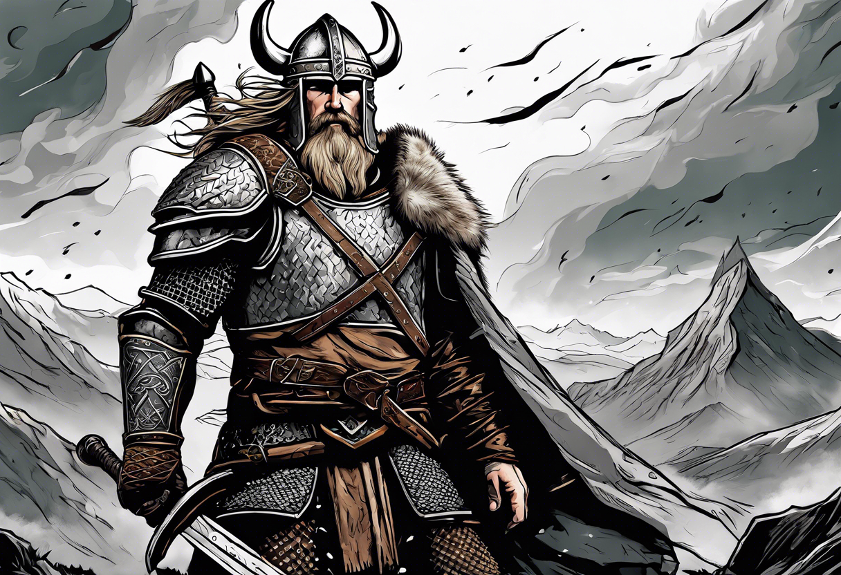 A viking in armor except the helmet on the brink of death pierced with arrows propping himself up with his sword on a seemingly bleak battlefield while still looking up with hope tattoo idea