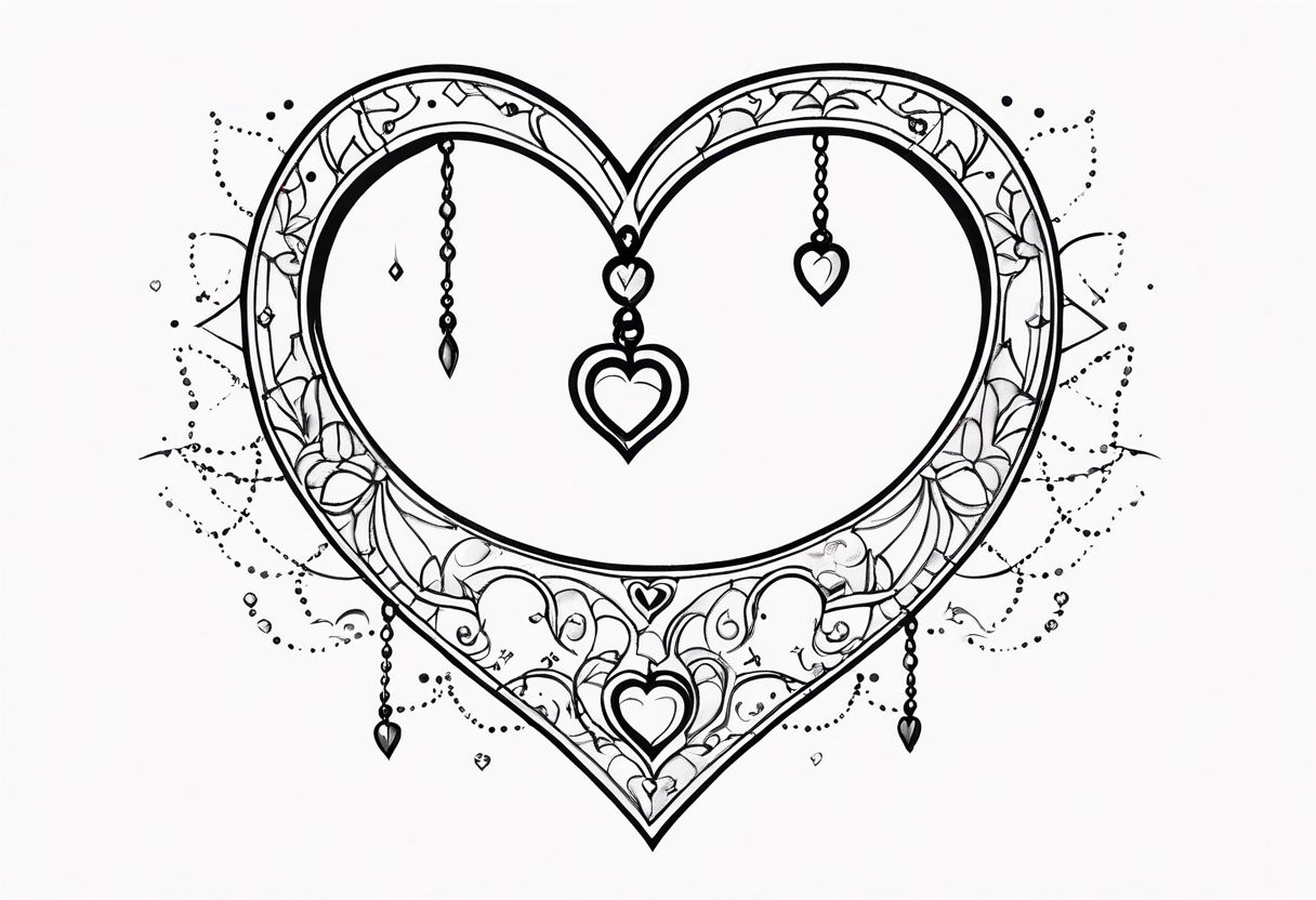 Crescent moon with heart shaped jewels dangling from the bottom of it tattoo idea