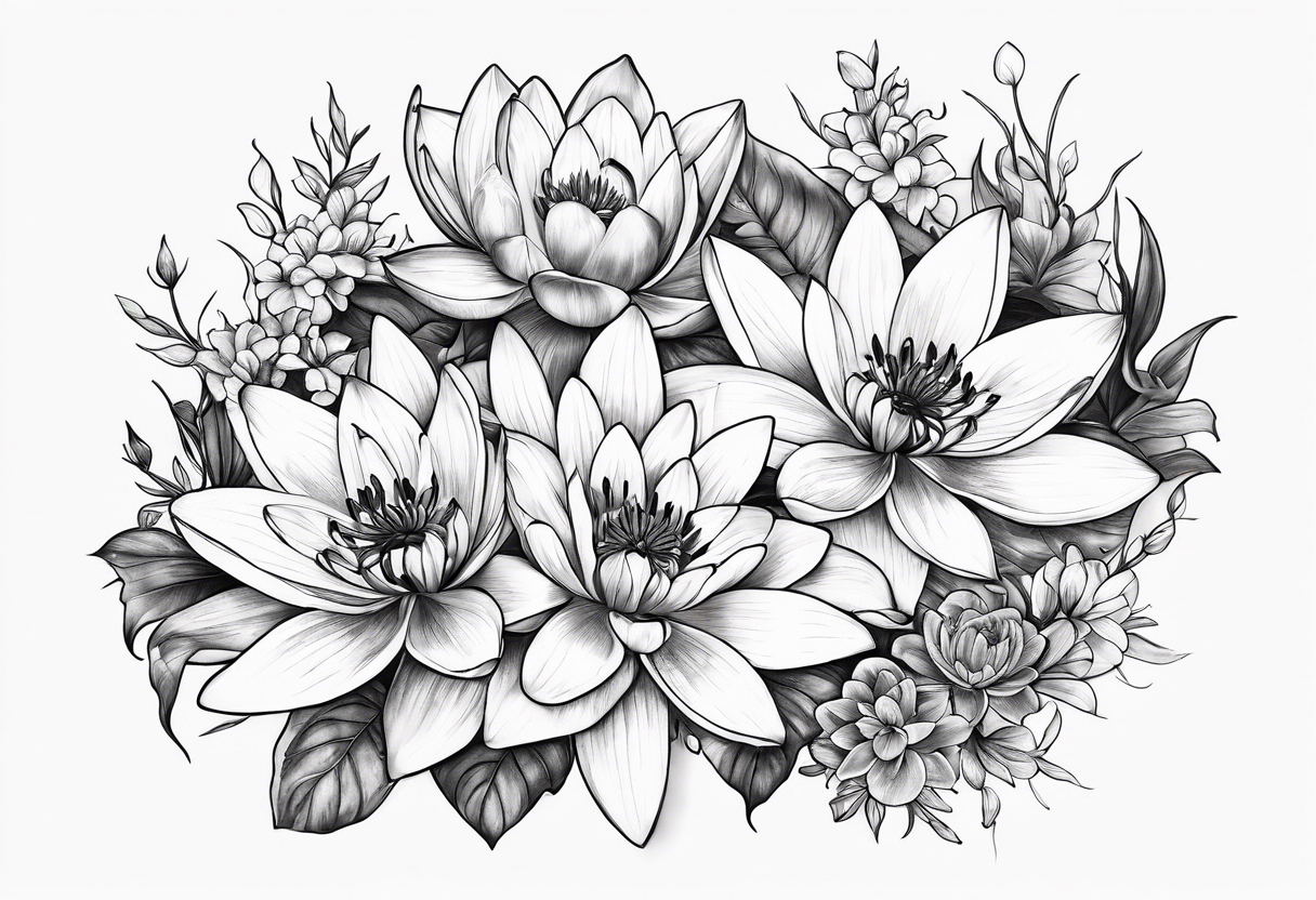 Water lilies and larkspur bouquet tattoo idea