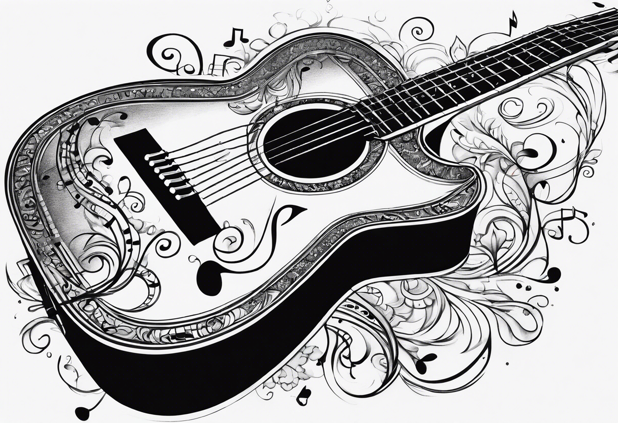 guitar with musical notes wrapped around it tattoo idea