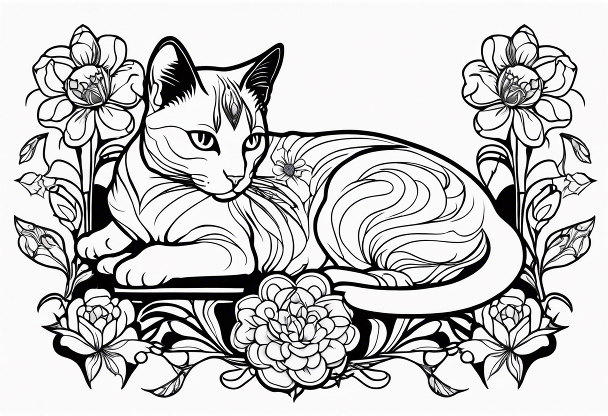 Art nouveau forearm tattoo of cat laying in flowers. tattoo idea