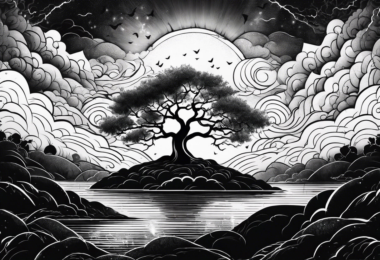 a tree of life in the middle of a lightening storm tattoo idea