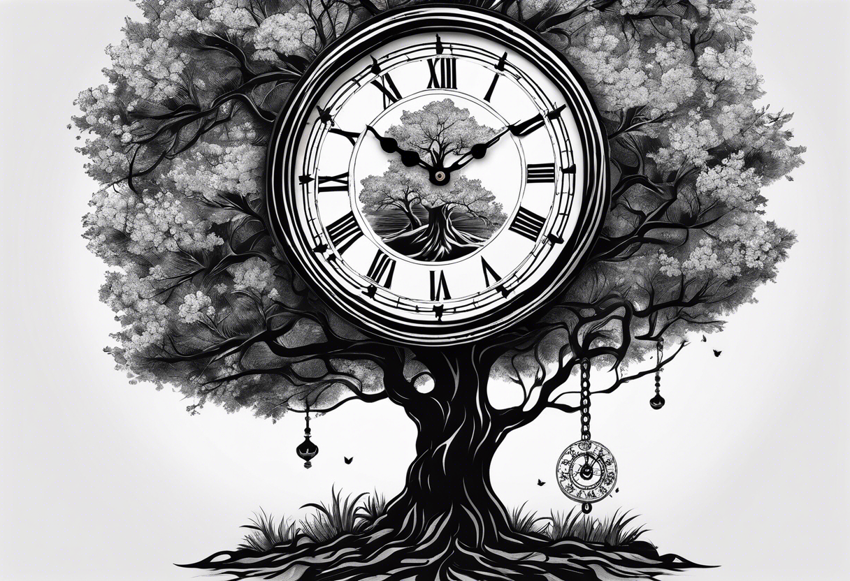 Im adding on to my existing tatto which is a tree sitting on a clock with dark shading around tattoo idea