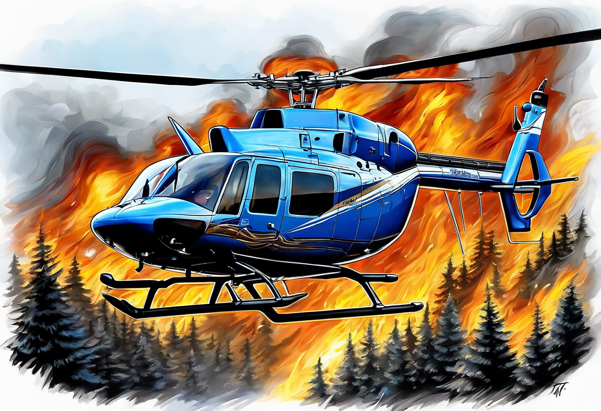 a bell 407 helicopter with the name "T. Sousa" on it, with multiple other helicopters below it, over a wildfire, with the pilot wearing night vision goggles. tattoo idea