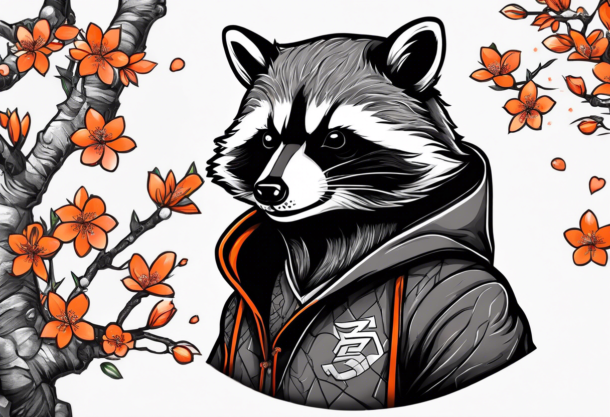 Raccoon wearing a white Superman logo on a black hoodie and orange Japanese cherry blossoms beside tattoo idea