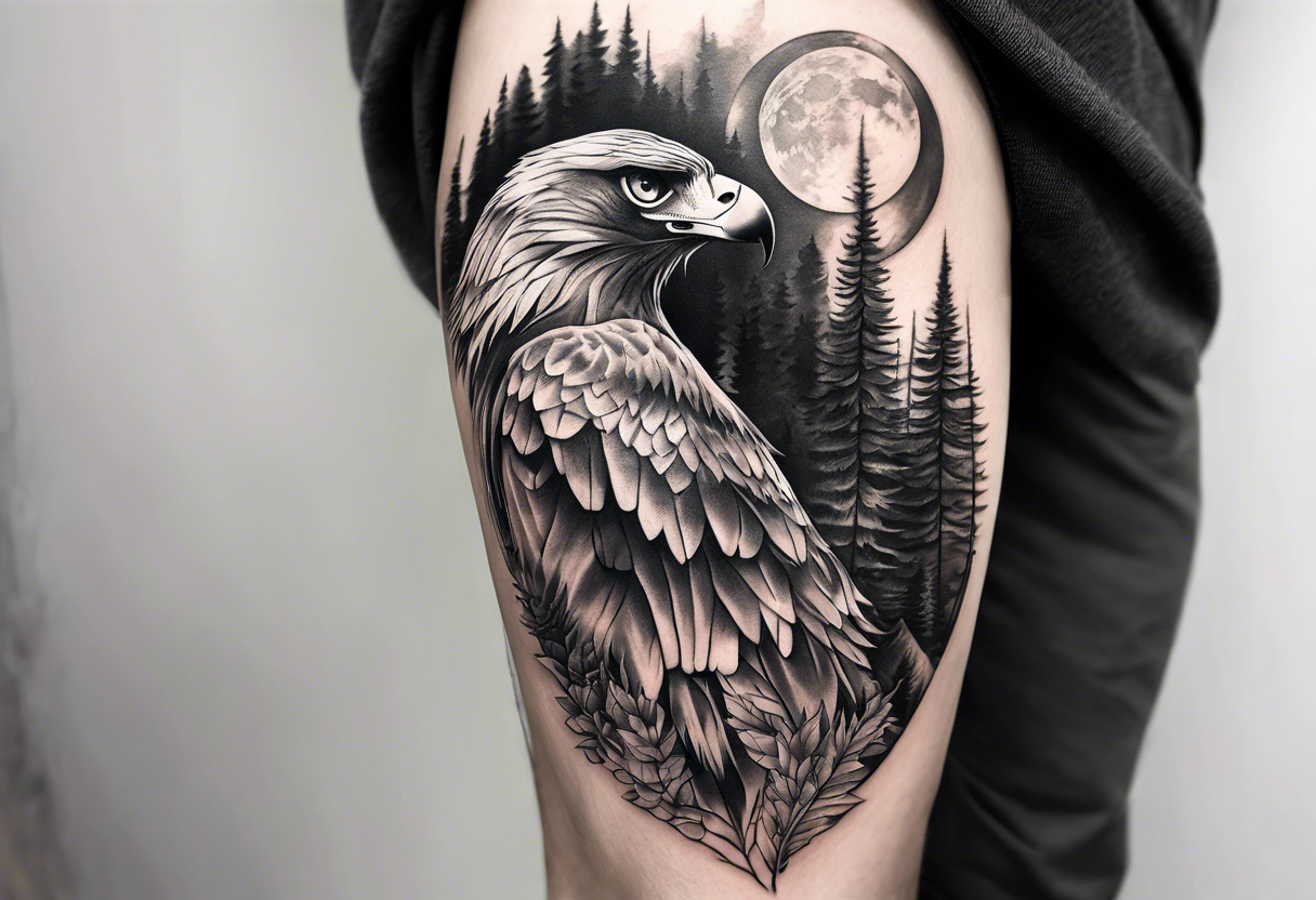 Black and grey leg tattoo of a Hawk beside a wolf in nature tattoo idea