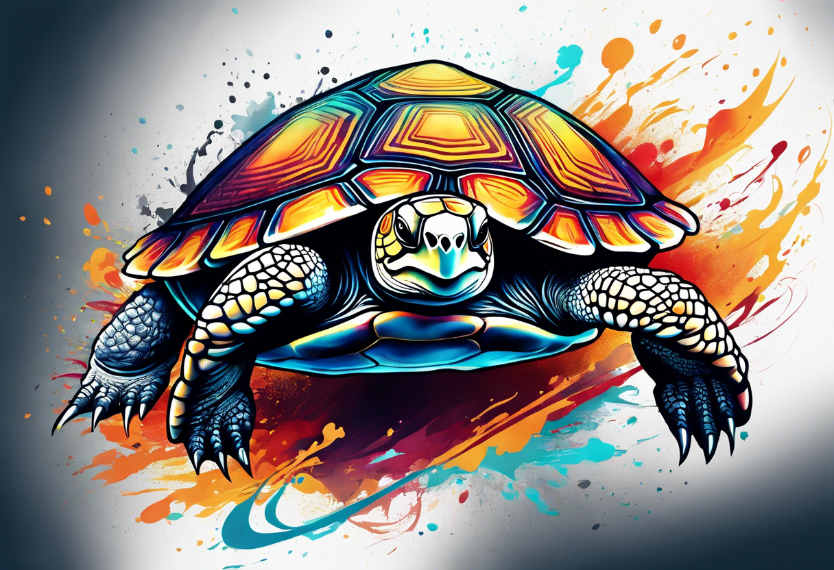 A turtle running on 2 legs across a finish line tattoo idea