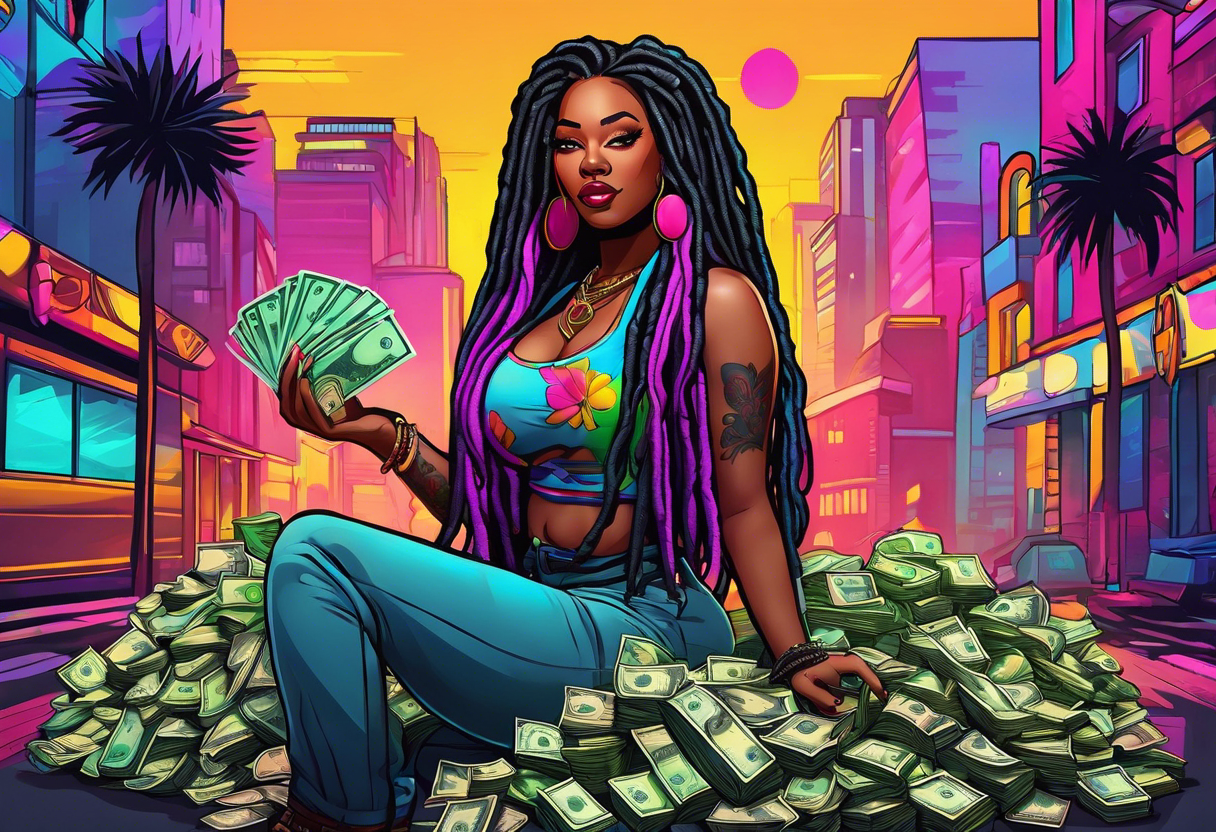 beautiful thick black women with long straight dreadlocks, new school style, holding piles of money, colorful, neon, bright, streetwear, streetstyle, urban tattoo idea