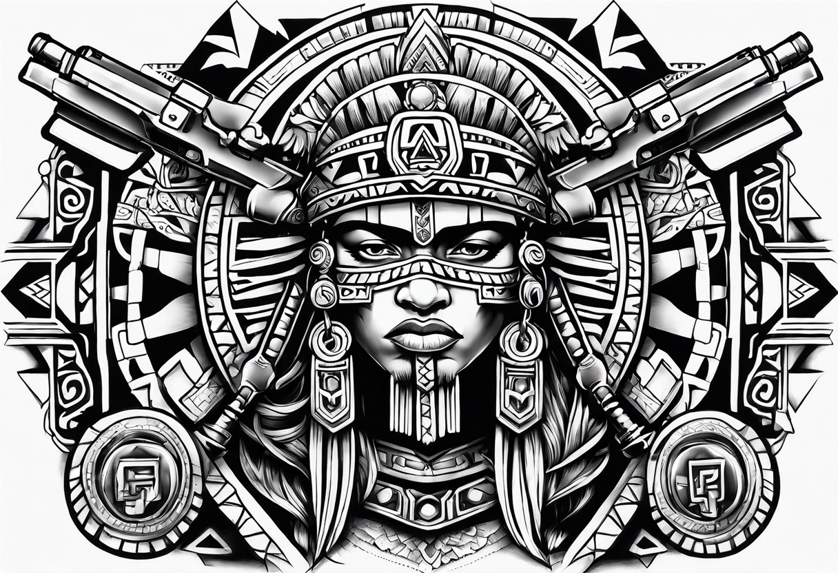 Aztec,gangster, pride,guns,symbols tattoo idea