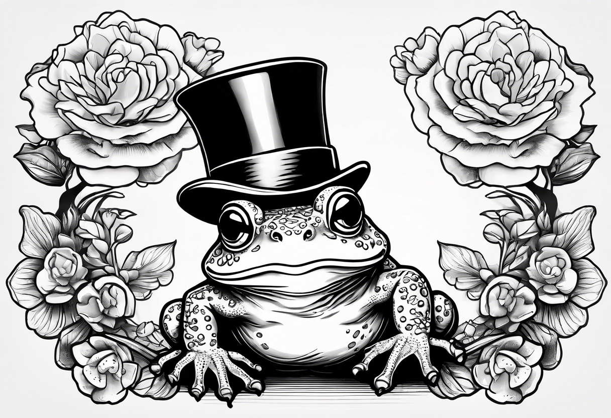 Cute toad standing on back legs  in a top hat and a formal suit holding flowers to go on a date tattoo idea