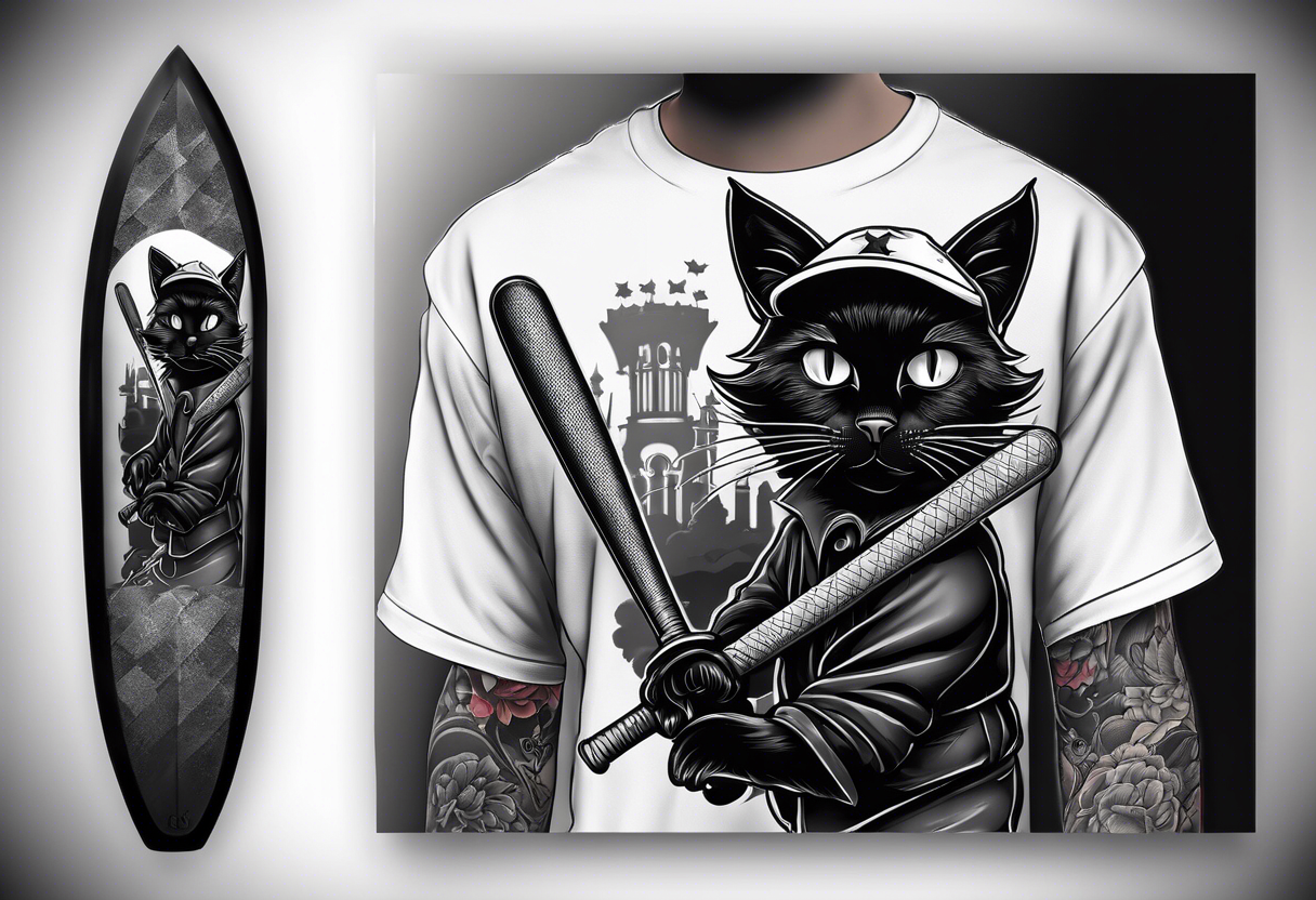 black cat hold a baseball bat tattoo idea