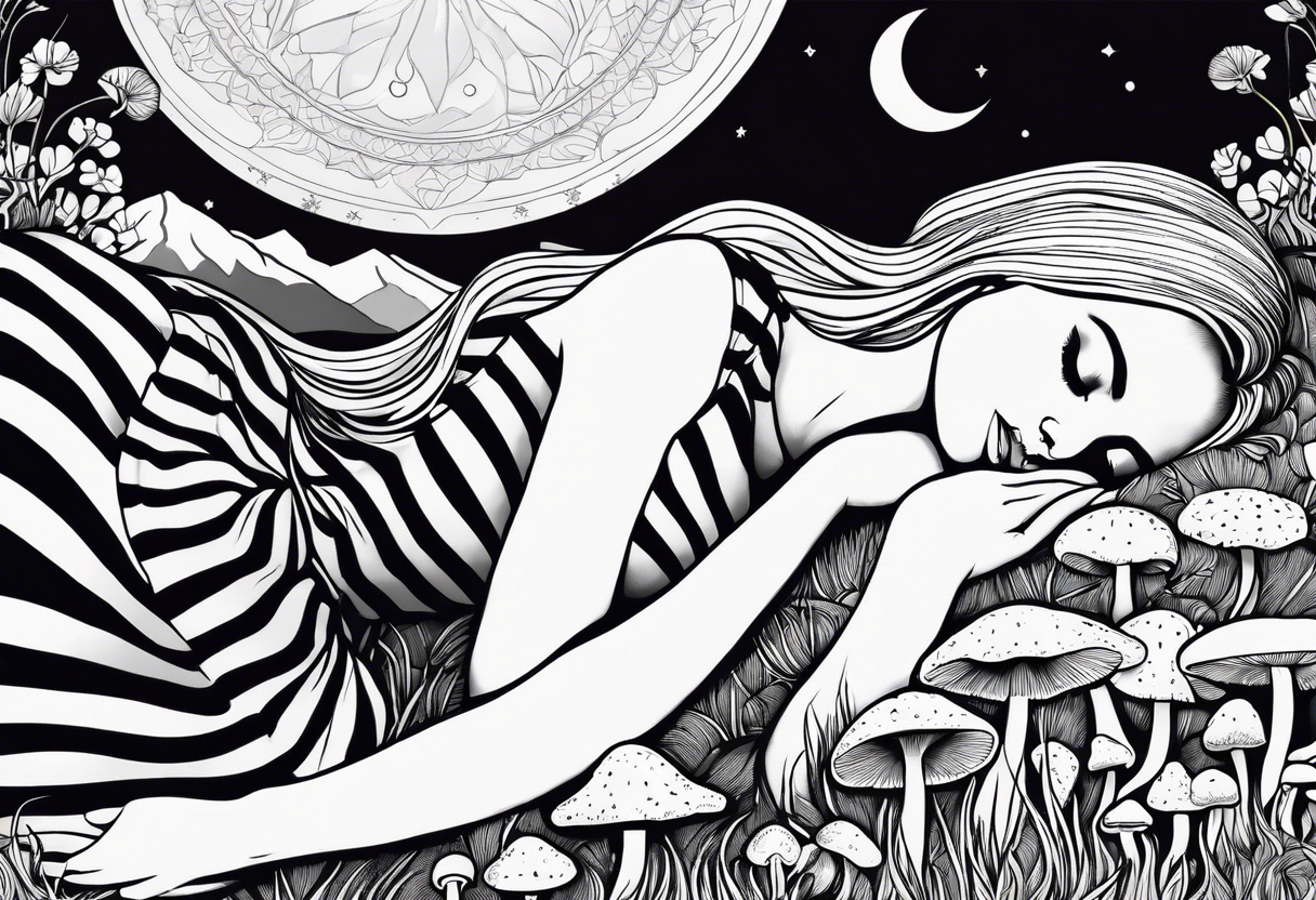 Straight blonde hair girl in black and white striped dress sleeping back facing
in a field of mushrooms with mountains s
and crescent moon mandala background tattoo idea