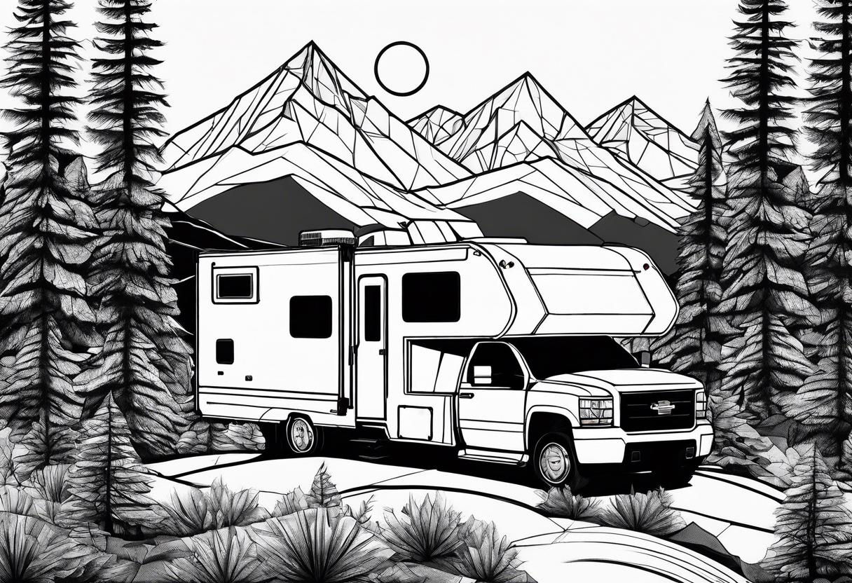 geometric mountains with an rv/truck and trees tattoo idea