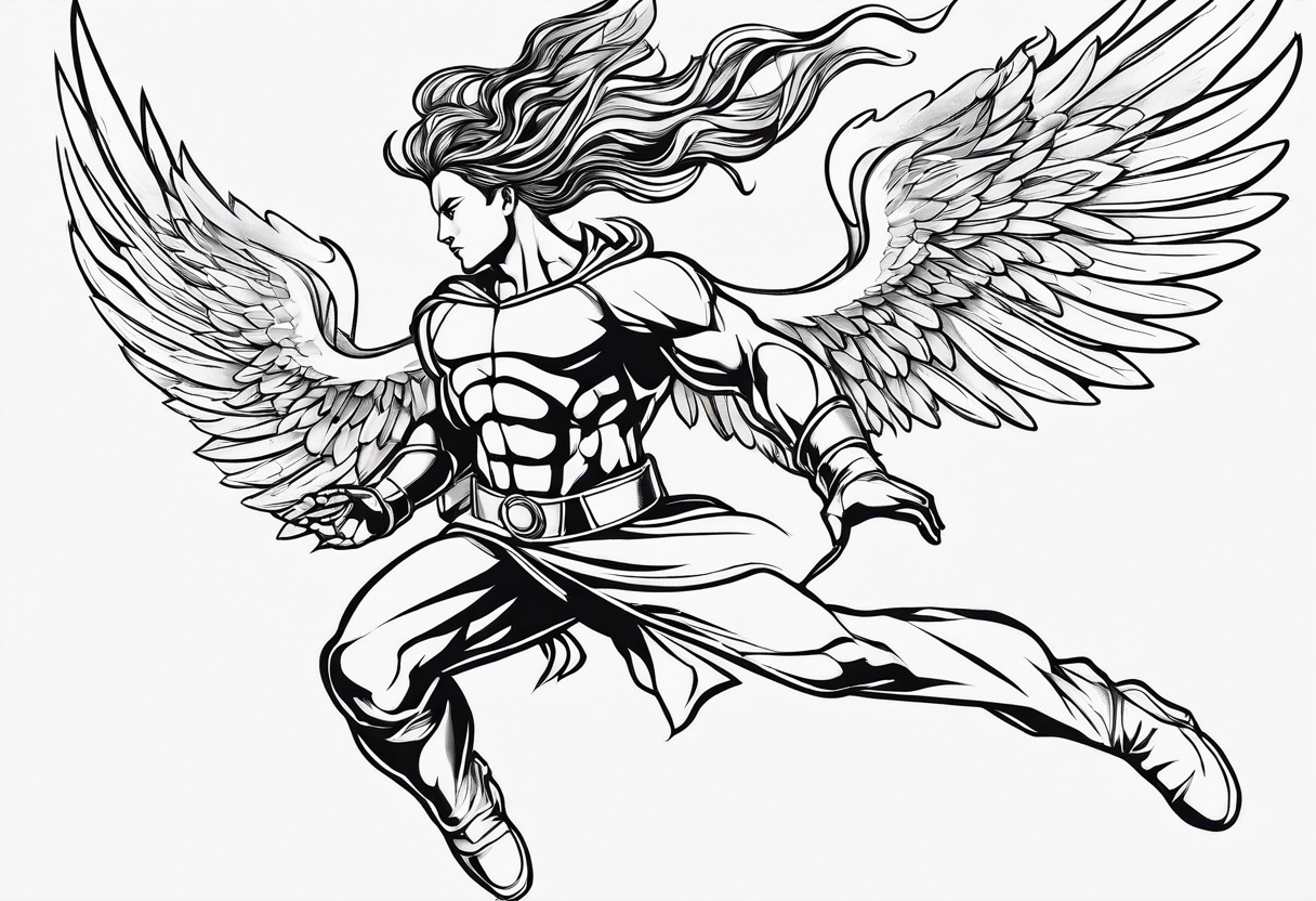 Angel in the pose of a superhero landing tattoo idea