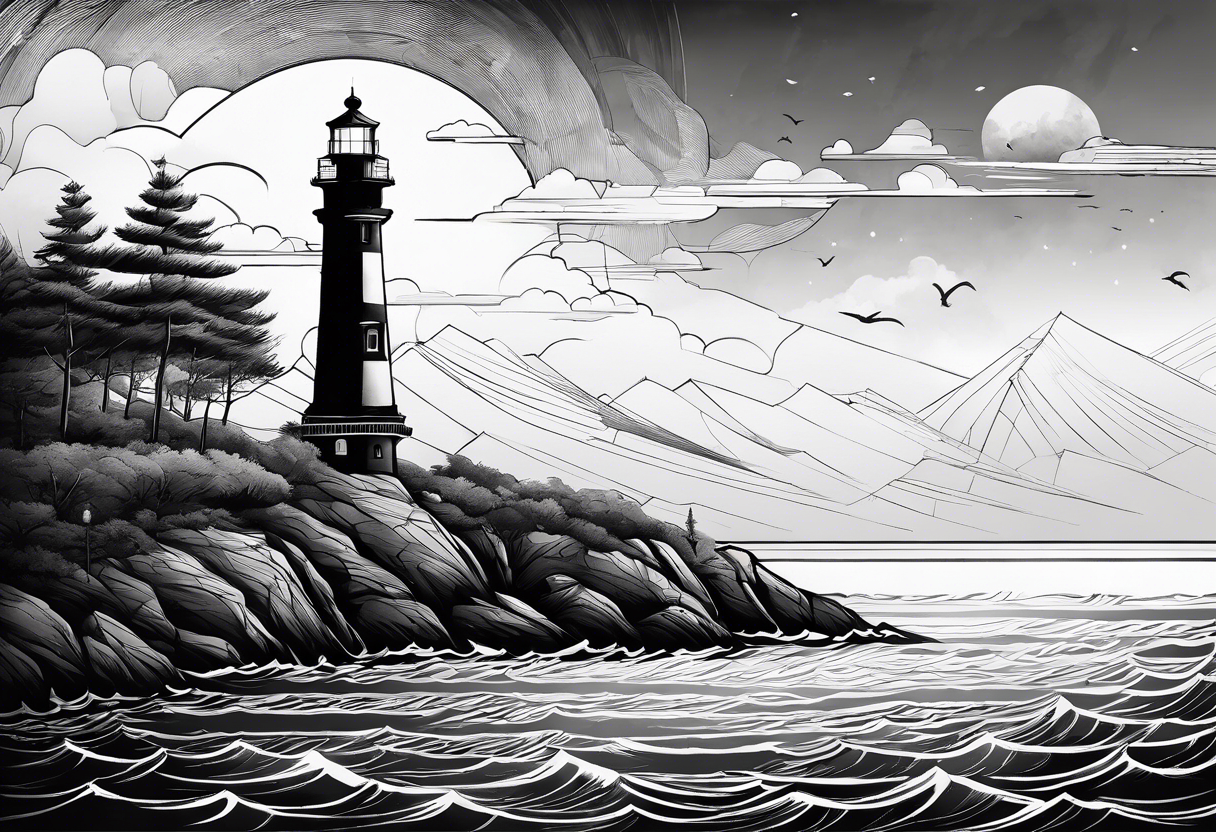 maritime lighthouse partially hidden by its large fixed sail. calm sea reflection. tattoo idea