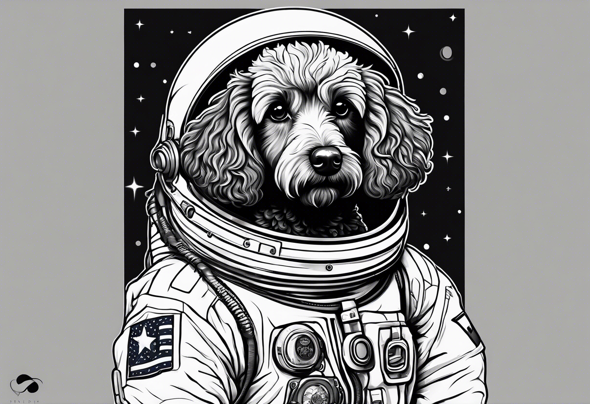 full body poodle mix dog in a space suit outline tattoo idea