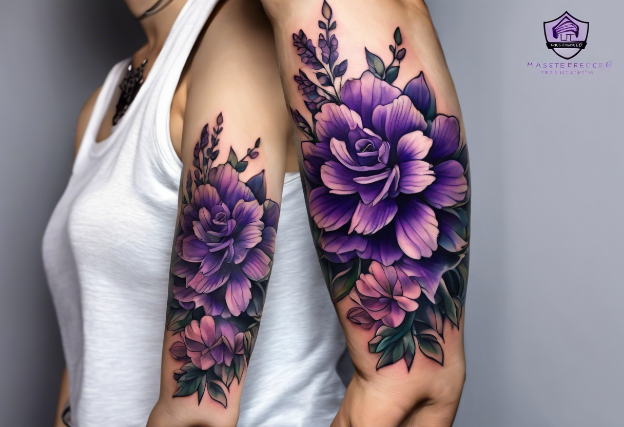 Forearm tattoo with purple flowers to always remember my grandma that passed away with heaven things added like clouds and stairs. tattoo idea