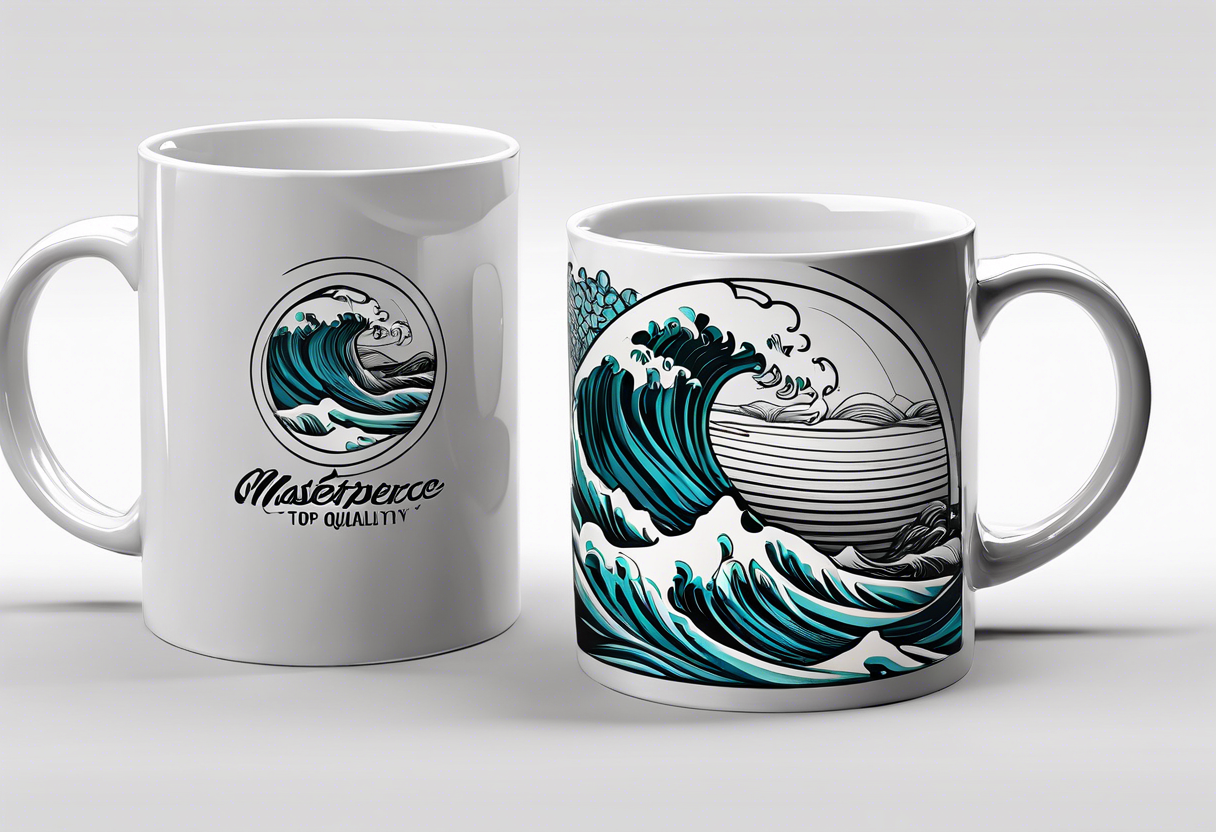 Circular retro design with coffee mug and ocean wave on mug tattoo idea