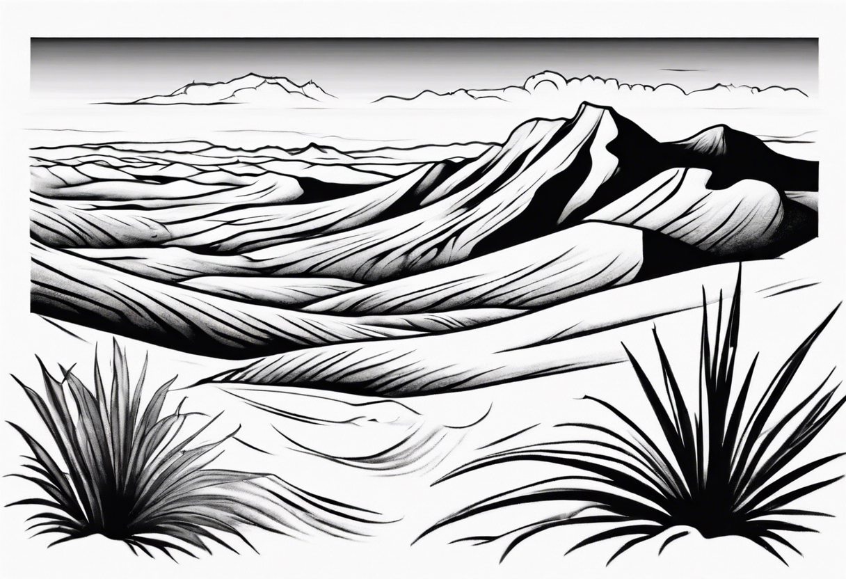 Design a tattoo depicting a distant view of a vast desert landscape with low, undulating sand dunes. tattoo idea