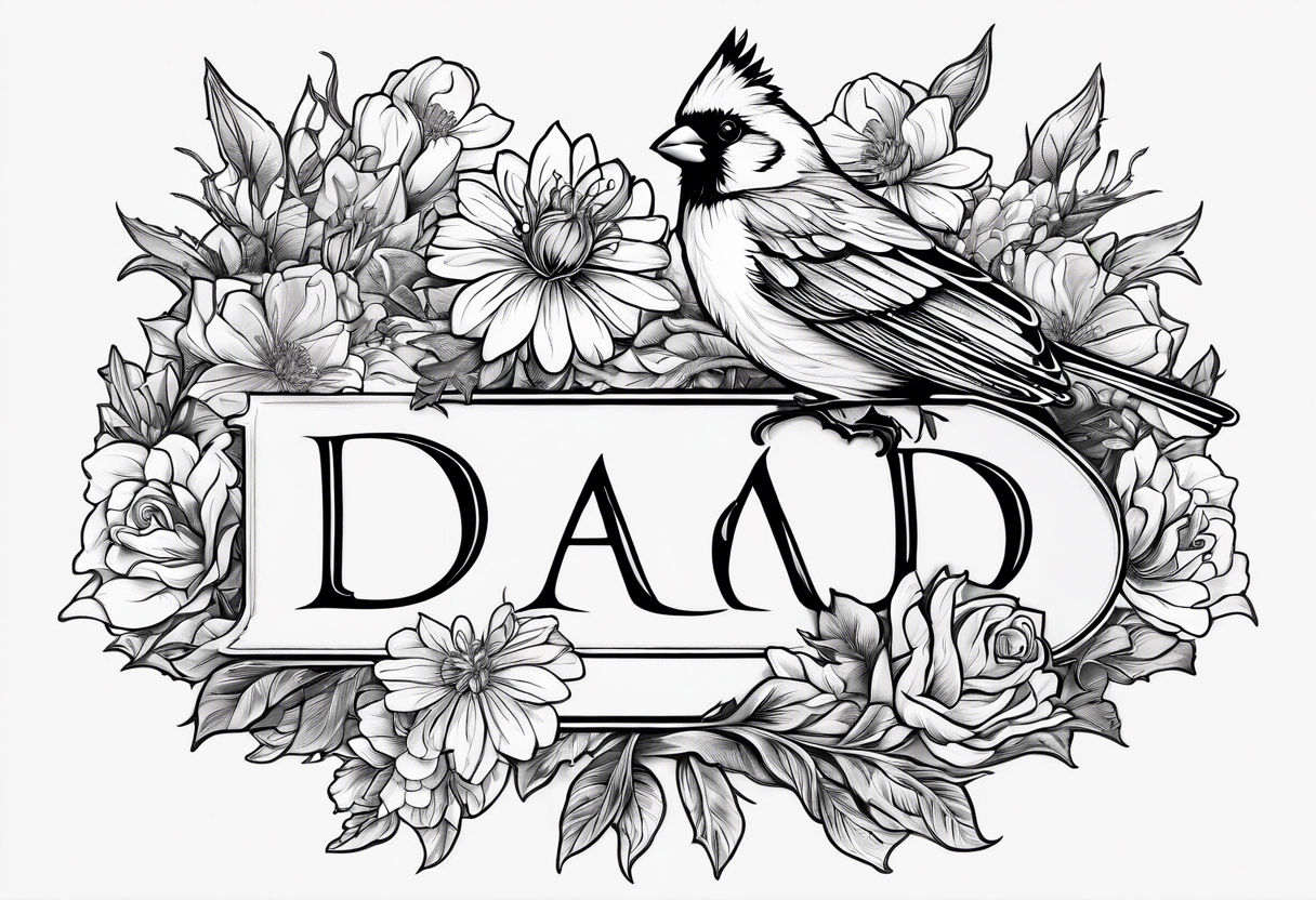 Aster flowers and sea rocket flowers with a cardinal around the words Dad tattoo idea