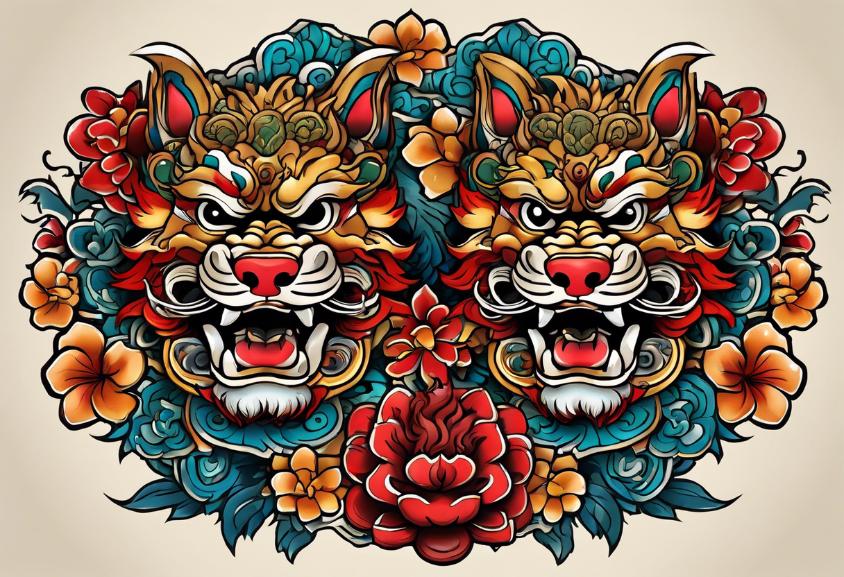 Okinawa-style pair of shisa dogs, one has an open mouth, one has a closed mouth, chest/pecs, Yakuza style, old school tattoo idea