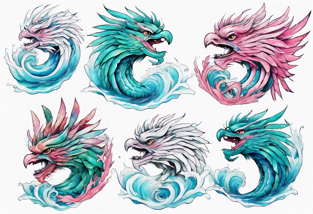 a turquoise and white and pink sea Quetzalcoatl with beautiful eyes emerging from the blue waves of the ocean tattoo idea