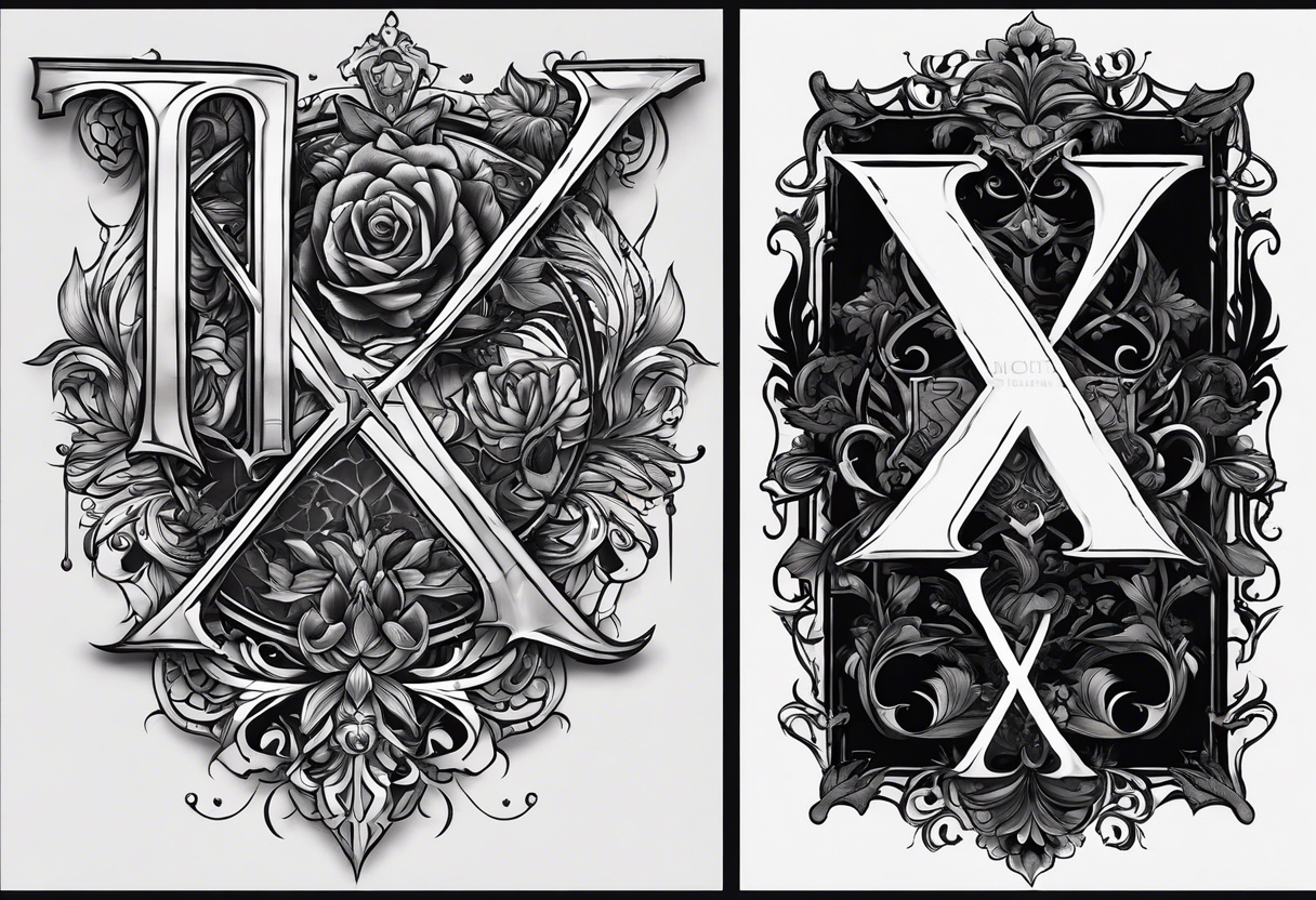 I need a tattoo design that prominently features the letter I & letter X while incorporating dark gothic 
elements. tattoo idea